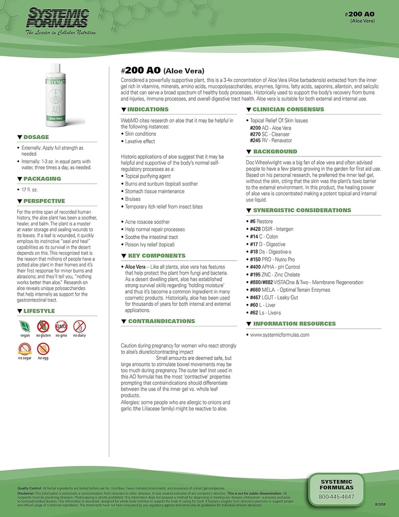 Sistemske formule AO – Aloe Vera 16 Fl Oz BioExtract #200. 3-4x Koncentracija Aloe Vera Extract iz notranjosti Gel Rich. za notranjo in zunanjo uporabo.