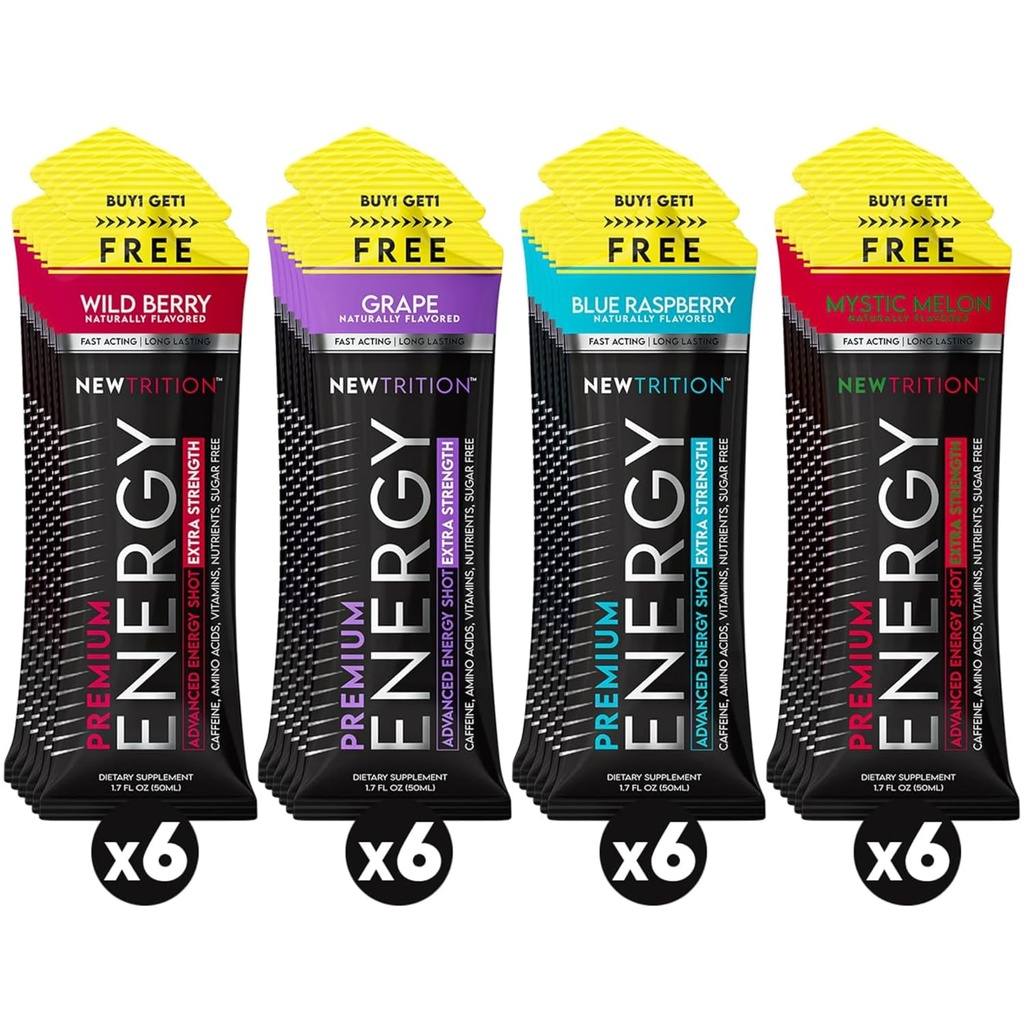NewTrition® Extra Strength Energy Shots 1.7 fl oz (Pack of 24, 4 arome) - 250mg kofein z B vitamini in aminokislinami, brez sladkorja brez kalorij Vitamin Energy Drink za fokus in vzdržljivost (Mešano-1)
