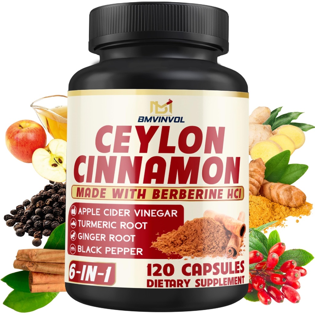 Ceylon Cinamon Kapsule z Berberine HCl, Apple Cider Vinegar, Kurkuma, ginseng, črni poper - 6v1 za podporo imunske funkcije - 120 Število