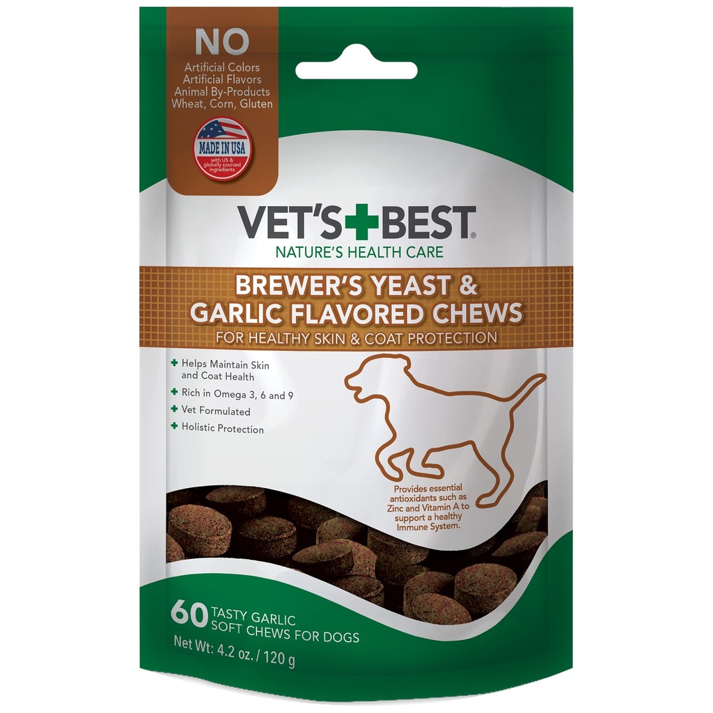 Vet's Best Brewer's Yeast & Česen Chews, Omega 3 za pse Zdrava zaščita kože in plašča za pse, pes oblikovan z veterinarsko priporočeno odmerjanje, Česen dopolnila, 60 ct