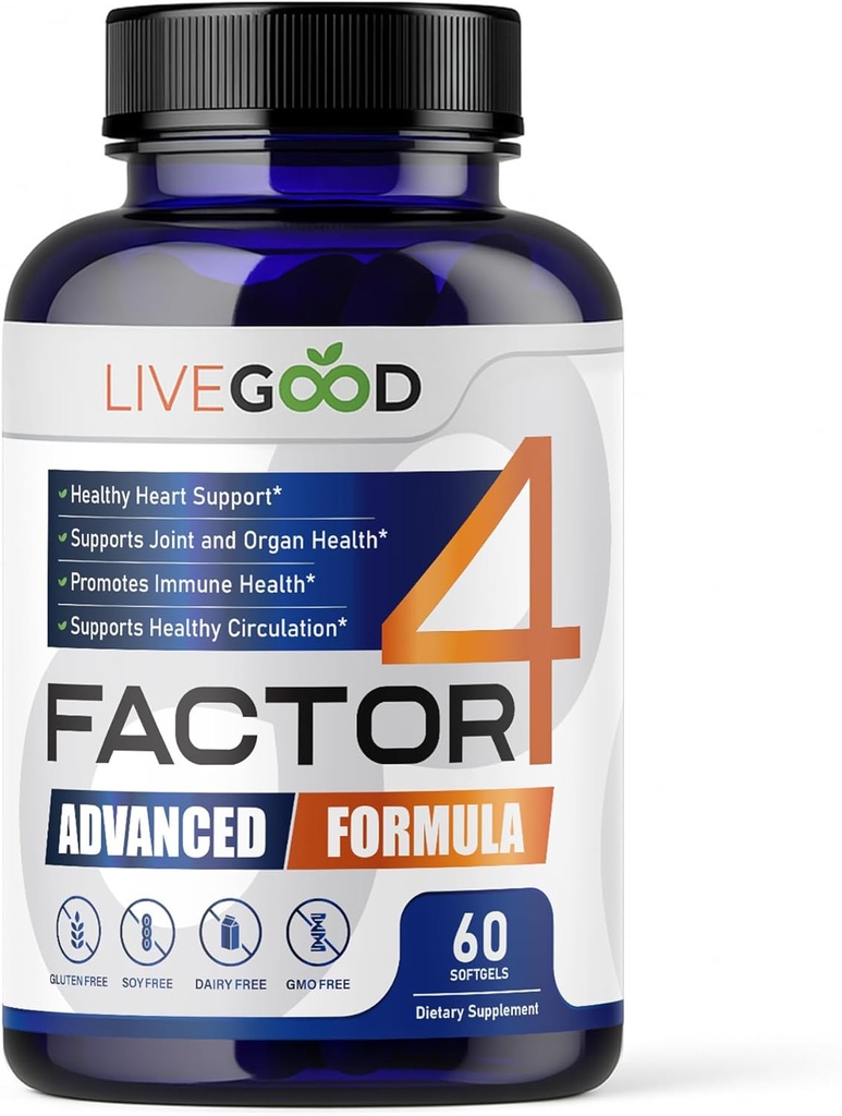 LIVEGOODTM Factor 4, Omega 3 Fish Oil z EPA & DHA, CoQ10, in Kurmeric, Advanced Q10 Koencim & CoQ10 dopolnila, DHA dopolnila za srce, Joint & Imunska podpora, Made in USA, 60 Count,
