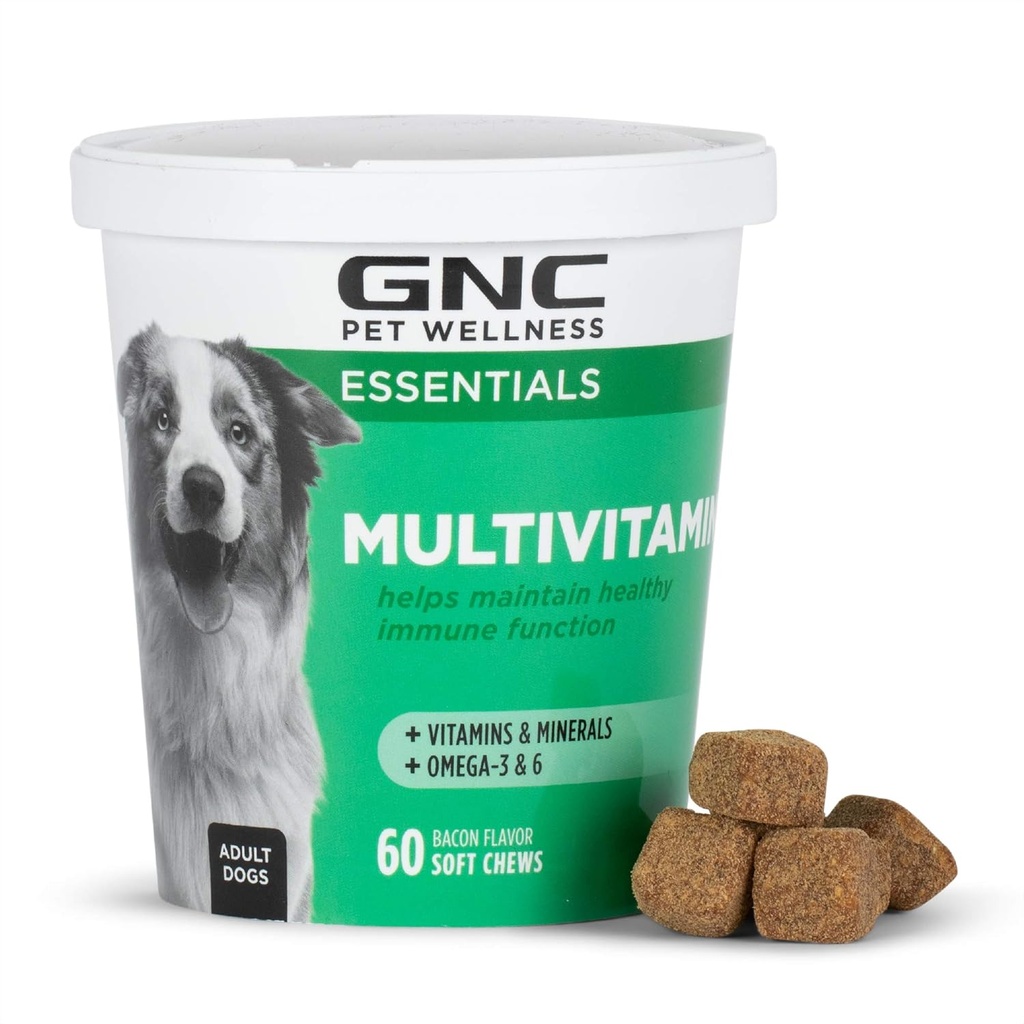 GNC hišni ljubljenčki Essentials Dog Multivitaminski mehkih žveči, Salmonovo olje pasje dopolnilo v okus slanine, Imuni Booster in podpora kože in plašča žvečljivi z vitamini in minerali, 60 Count