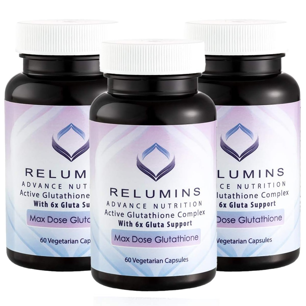 Relumini Advance White Active Glutatione Complex - Max Dose 900mg Glutatione z 6X ojačevalci, ALA & NAC - Anti-Aging Skin Brightening dodatek - 60 Caps x 3 steklenice