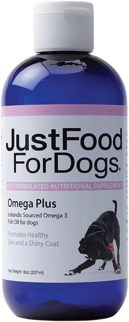 JustFoodFor Dogs Omega Plus Premium ribje olje za pse Omega 3 dodatek, tekoče, 8 oz