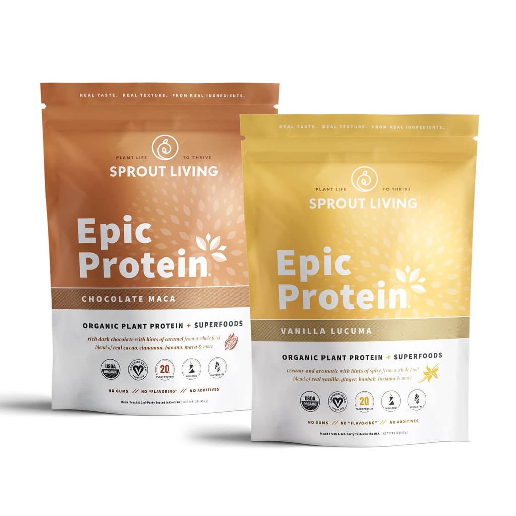 Sprout živi Epic Protein Bundle - čokolada Maca & Vanilla Lucuma (20g organsko na bazi beljakovin v prahu, vegan, brez glutena, superživila)