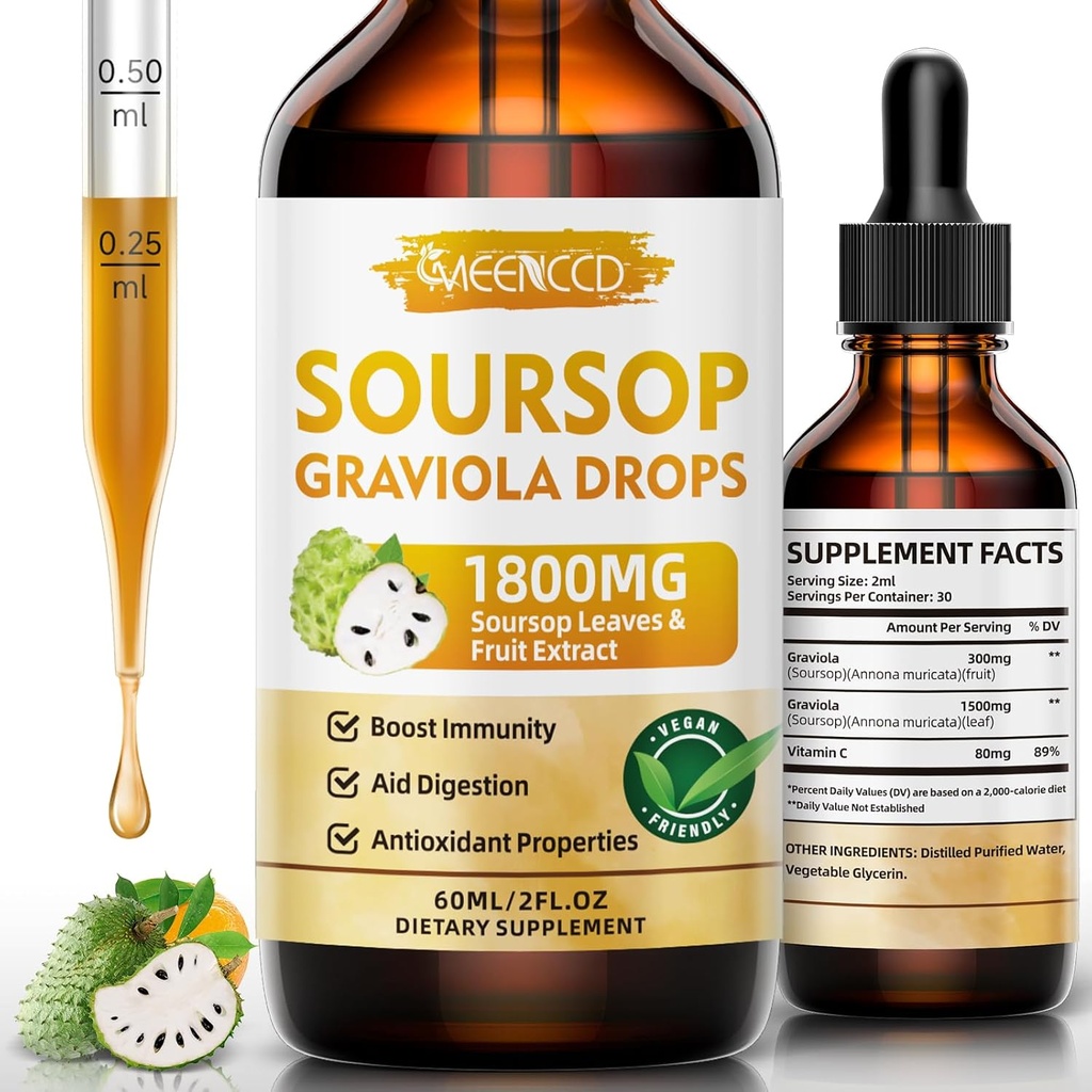 Soursop Graviola Tekoče kapljice 1800mg, naravni antioksidant, podpora celic in regeneracija, Imuno Boost, Soursop Bitters tekoče, brez sladkorja, ne-GMO, Vegan, Orange Flavor, 2 FL OZ