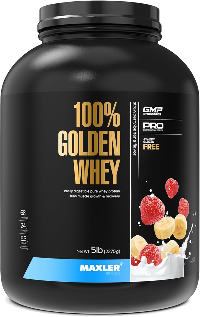 Maxler 100% Golden Whey Protein - 24g beljakovin na serviranje - Premium Whey Protein Powder for Pre Post Workout - hitro absorbira koncentrat sirotke, izolat in hidrolizatna mešanica Jagodna banana 5 lb