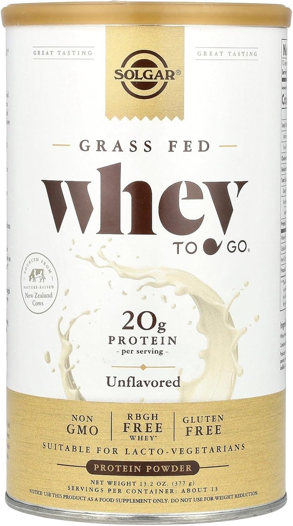 Solgar Grass Fed Whey to Go Protein Powder Unflavored, 11,2 oz - 20g Grass-Fed Beljakovine iz Novozelandskih krav - Velika degustacija in mešanje enostavno - Podpira moč in okrevanje - Non-GMO, 13 Servisi
