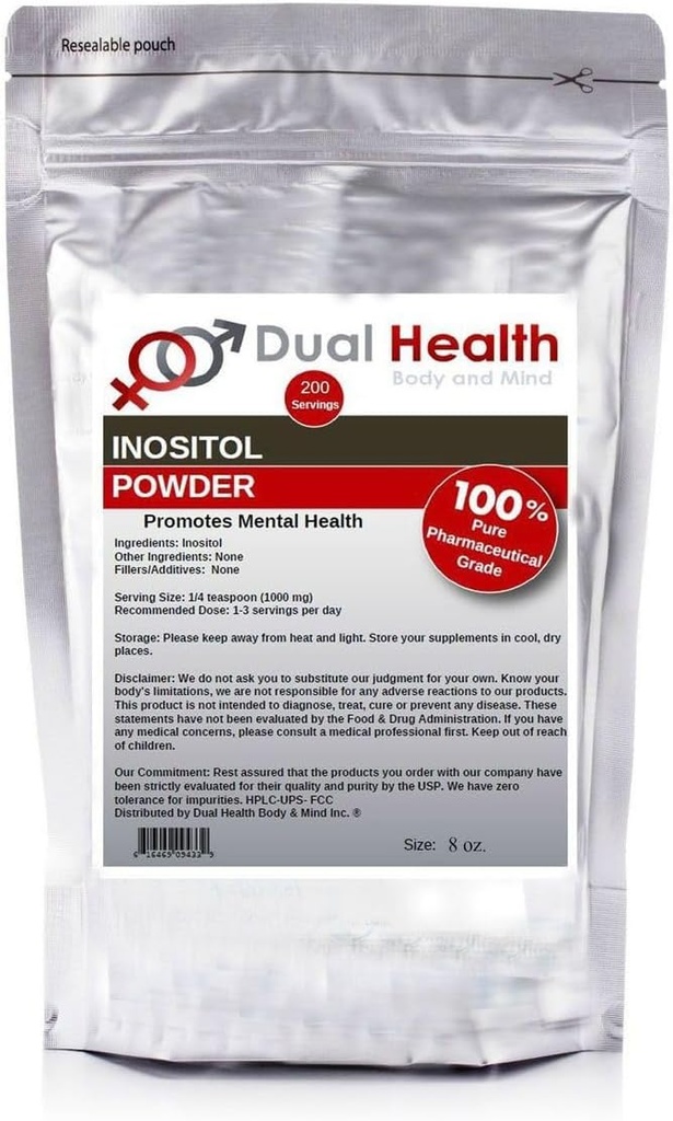 Dual Health Body & Mind Inositol Powder (8 oz) Čisti vitamin B8 Antioksidanti razsutem stanju Dodatki 1000mg na služijo