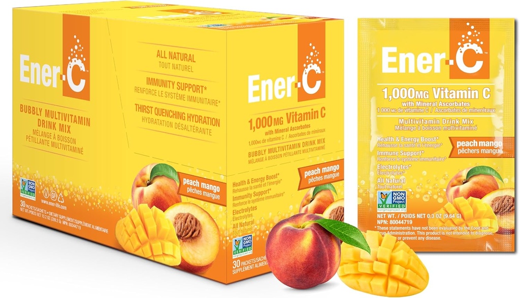 Ener-C Peach Mango Multivitaminski drink Mix Powder Vitamin C 1000mg & Elektroliti s pravim sadnim sokom Naravna energija & Imunska podpora za ženske in moške - Non-GMO Vegan & Gluten Free - 30 Count