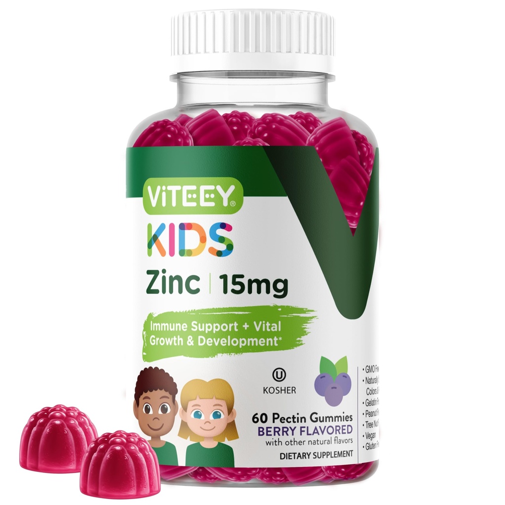 Viteey cink za otroke Gumies, 15mg - Imunska podpora - močan naravni antioksidant, otroci Cink Vitamin dodatek - Vegan, želatina brezplačno, Gluten brezplačno - Okusno Žvečilni jagodi okus Gummy