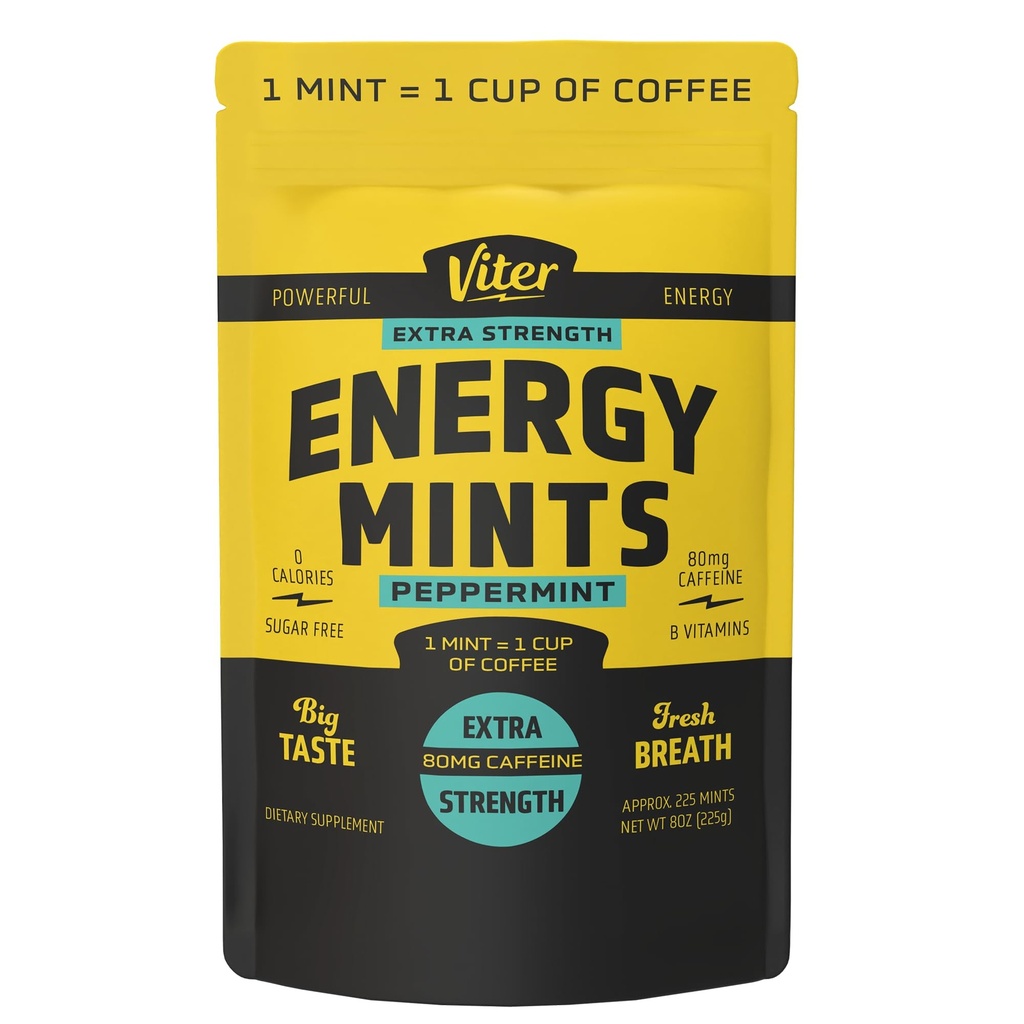 Viter Energija ekstra moč Kofeinirane mete 80mg Kofein, B Vitamini, brez sladkorja. (Peppermint, 8oz, razsutem stanju vrečko)