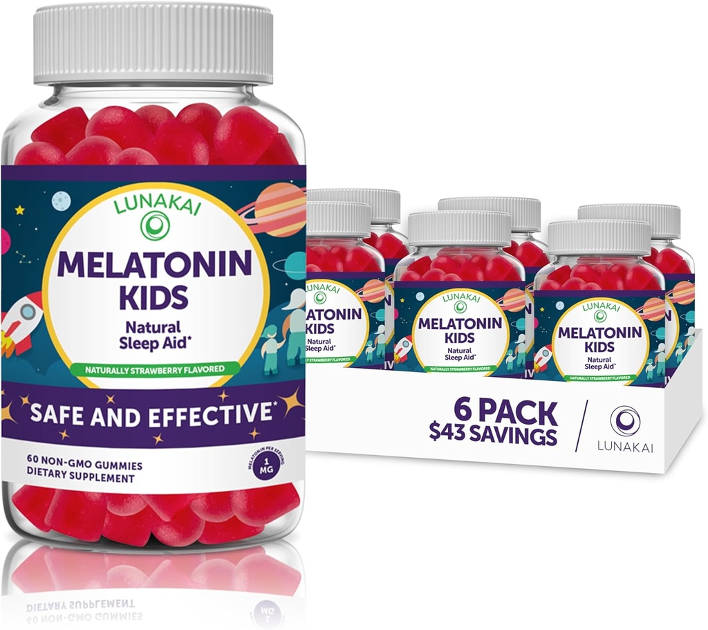 Lunakai Kids Melatonin Gumies 1mg - Okusna Lastniška formula - Non-GMO, Vegan, Gluten Brez žvečljivih nizkih odmerkov za otroke - Naravni spanec Gummy za otroke 2 letnik + - (6 paket)