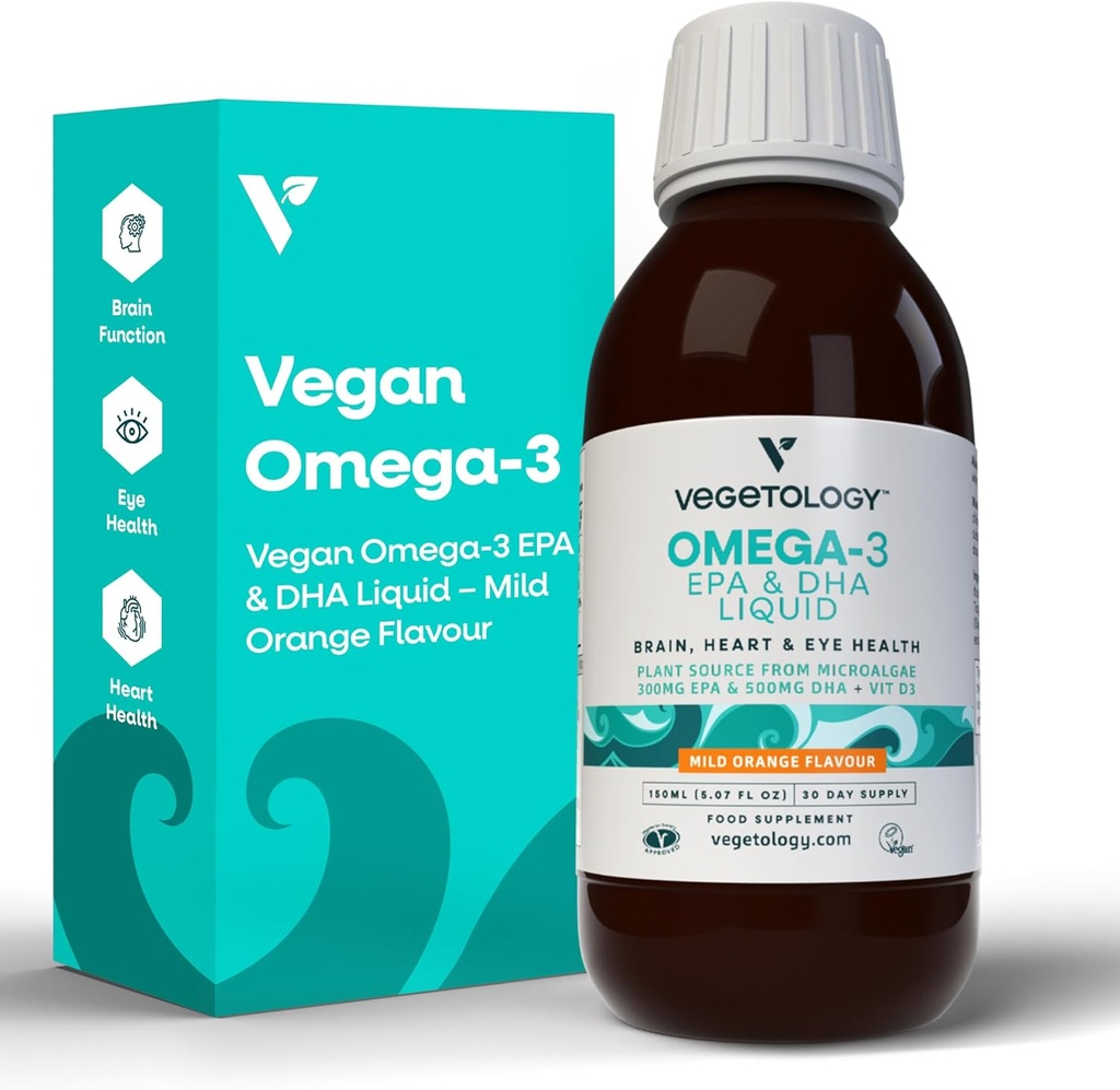 Vegan Omega 3 Liquid, iz Microalgee, 800mg EPA DHA, z vitaminom D3, podpira srce, možgani, in zdravje oči, naravno ribje olje Alternative, UK Made, Mild Orange aroma