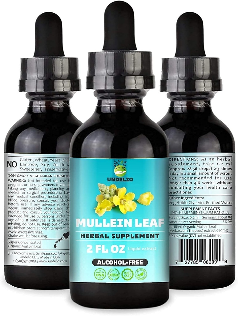 Undelio's Herbal Mullein Leaf Extract - Organic & Alkohol-free Tinkture za dihala, pljuča, spanje in prebavne podpore - Non-GMO, Vegan - 2 fl. Oz za imuno zdravje & Lung Detox