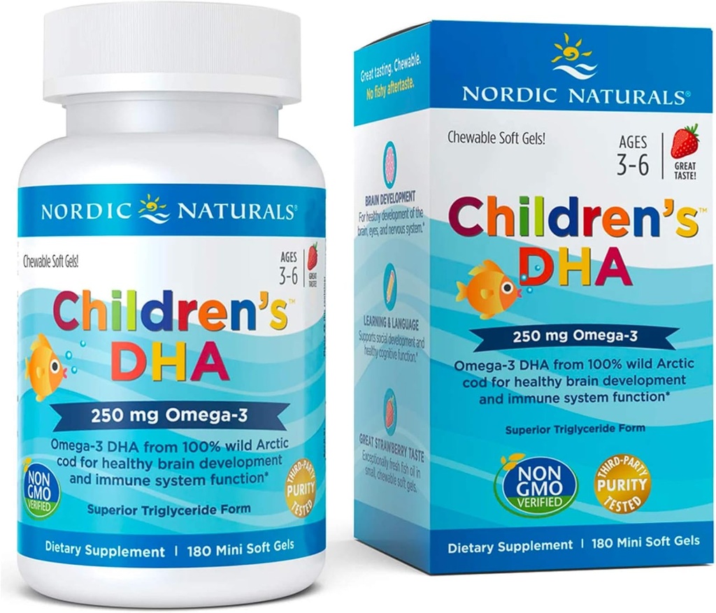 Nordic Naturals Otroški DHA 250 mg Žvečilni izdelki, Jagoda, 180 ct