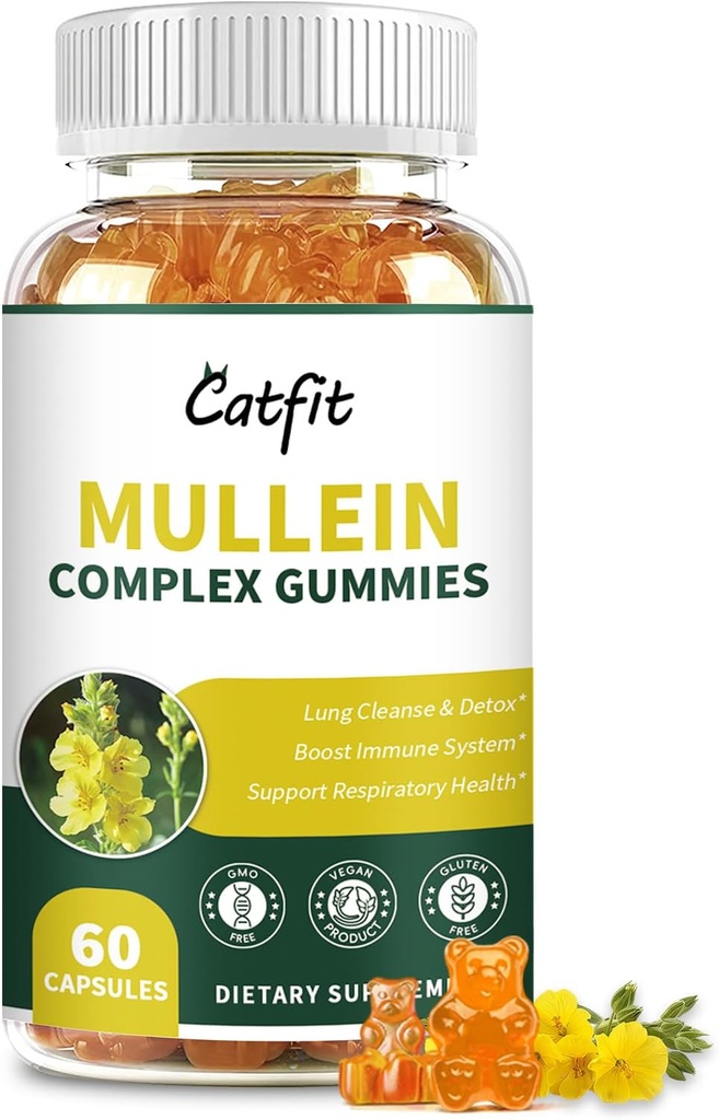 Catfit Mullein Gummies za pljuča – Mullein Leaf Extract s Quercetin, Elderberry za dihalne in imunske podpore, Lung zdravje in dihanje, Vegan, Ananasov okus, 60 Gummies