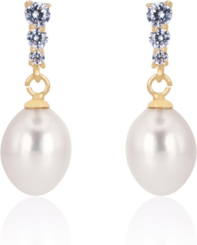 18K Gold Plated Sterling Silver Dangle Bela kapljica Ročno obrabljen kakovost sveže vode kultivirani biser poročni uhani s kubičnim cirkonia kristali biserni poročni uhani nakit za neveste