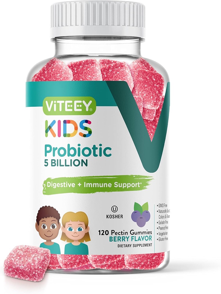 Viteey Probiotic Gummies za otroke - 5 milijard CFU - probiotiki Otroci Zaprtje Relief, Naravni Imunski & Prebavna zdravstvena podpora - Vegetarian, Gelatin brezplačno, GSO brezplačno - Okusno jagode okusno Gummy
