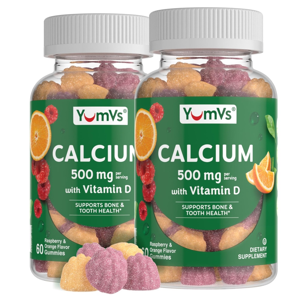 YumVs kalcij 500mg z vitaminom D3 - Raspberry & Orange Flavor kalcij vitamin D Gumies, žvečljivi kalcij dodatek za otroke in odrasle, vitamin D kalcij Gumies (60 Count (Pack of 2))