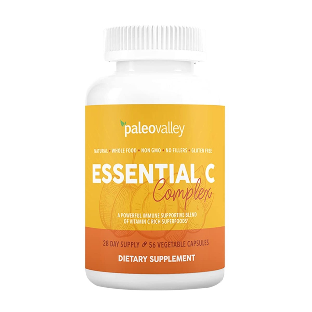Paleovalley Essential C Complex - Vitamin C dodatek za imuno podporo - 1 Pack, 450mg - Organic Superfoods Unripe Acerola Cherry, Camu Camu, Amla Berry - Brez sintetične askorbinske kisline - ZDA Made