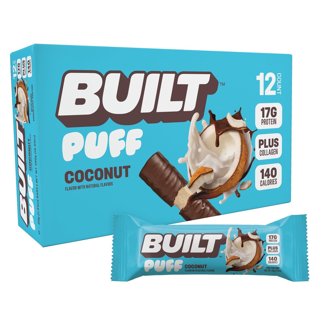 Zgrajena bar, Puff Protein Bars, Coconut Puff, 17g prigrizki beljakovin, On-The-Go Bars, samo 140 kalorij, 6g sladkor, Colagen, Gluten Free, 12 Število