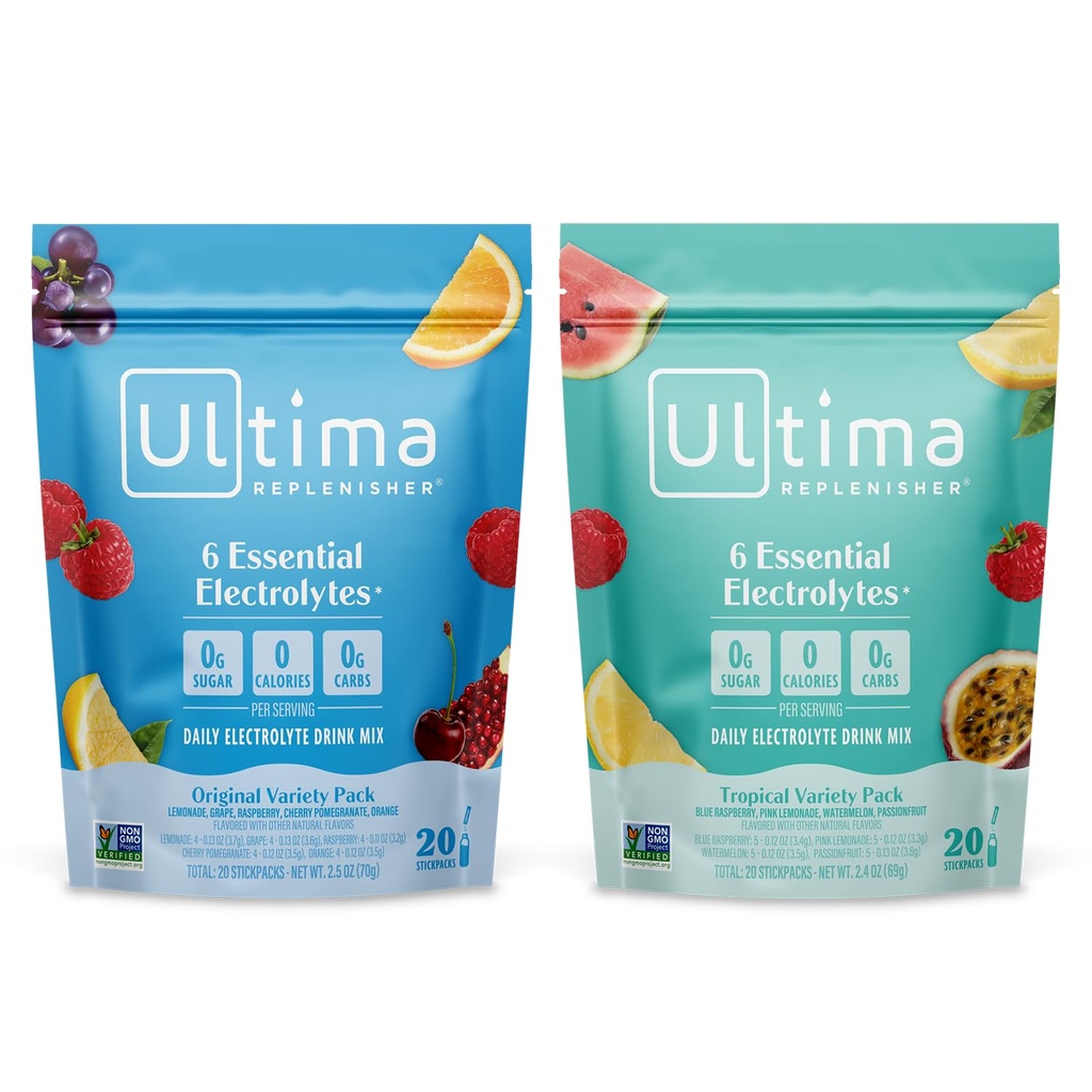 Ultima Replenisher Daily Electrolyte Powder Drink Mix – Sugar Free – Tropical Variety in 5-Flavor Variety, 20 Stickpacks – Hidration Packets s 6 Elektroliti in minerali – Keto, Non-GMO