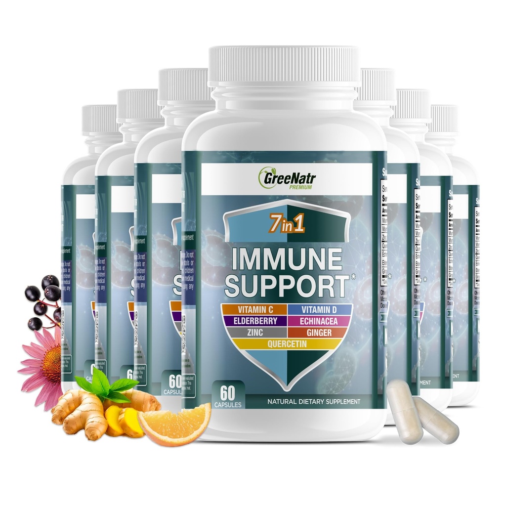 GreeNatr 7 v 1 Imunska podpora dodatek z vitaminom C, vitaminom D3, cink 50mg, Quercetin, Echinacea Purpurea, Sambucus Elderberry in Ginger za popolno obrambo imunskega sistema - 60 kapsul (12 steklenic)