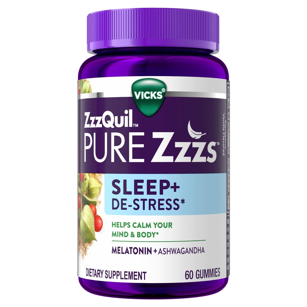 ZzzQuil PURE Zzzs De-stress 2mg Melatonin Gummies, , Pomoči za spanje za odrasle, Ashwagandha za podporo stresu, 60 Gummies
