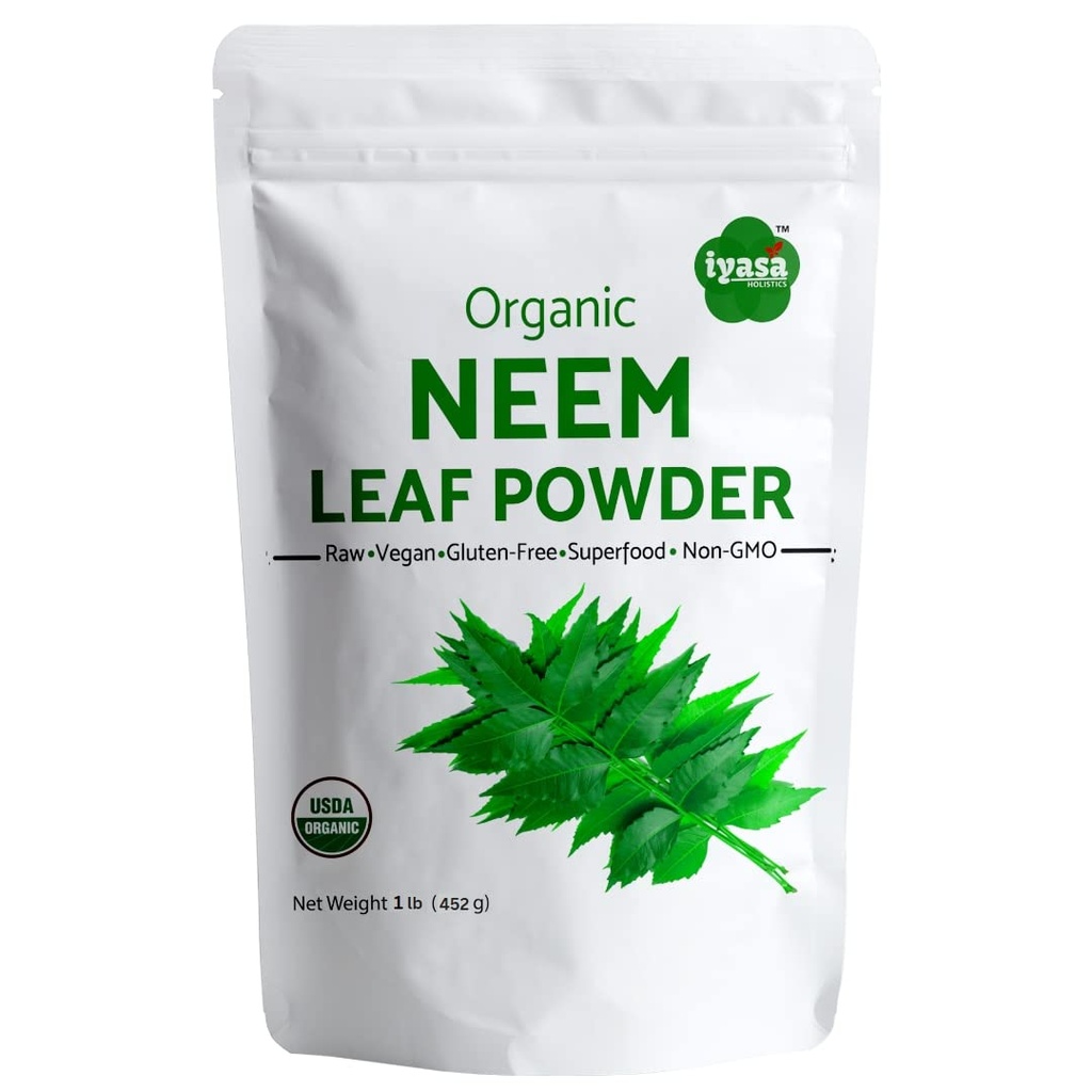 Iyasa Holistics Organic Neem Powder Ayurveda zelišče in superhrana, Podpira kri in čiščenje jeter, spodbuja zdrave lase in jasno kožo, Reseable vrečko 16 oz/ 453g