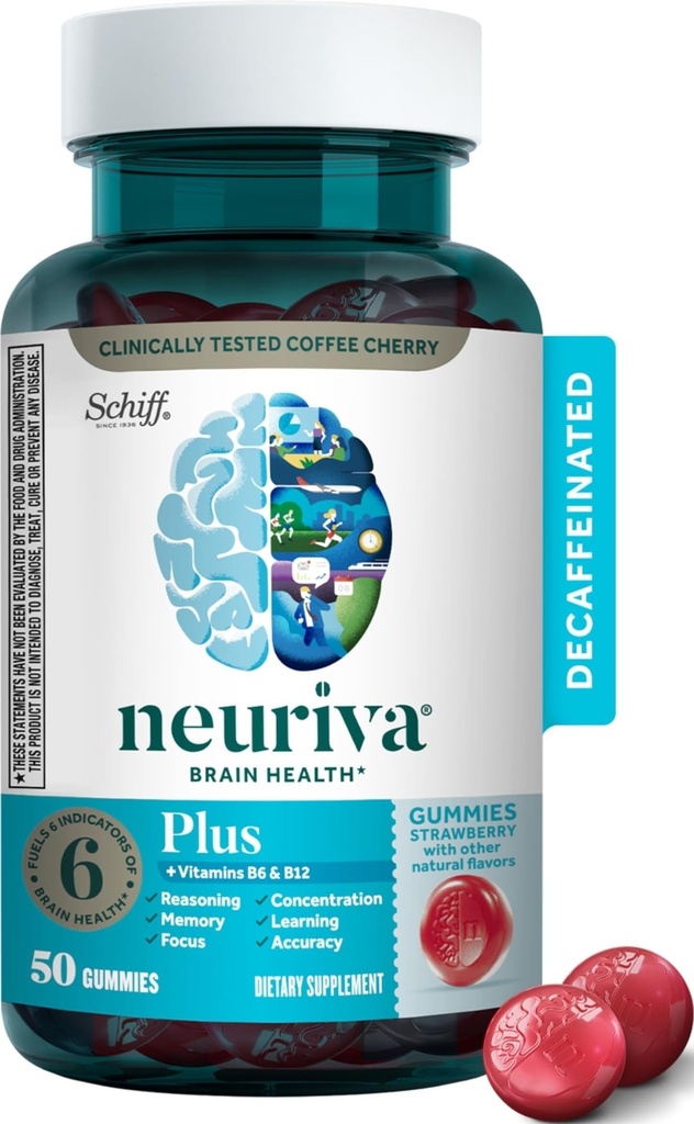 NEURIVA Plus Brain Supplement for memory,Focus & Koncentracija+Kognitivna funkcija z vitamini B6 & B12 in klinično testirani nootropiki fosfatidilserin in nevrofaktor,50ct Jagodne jagode