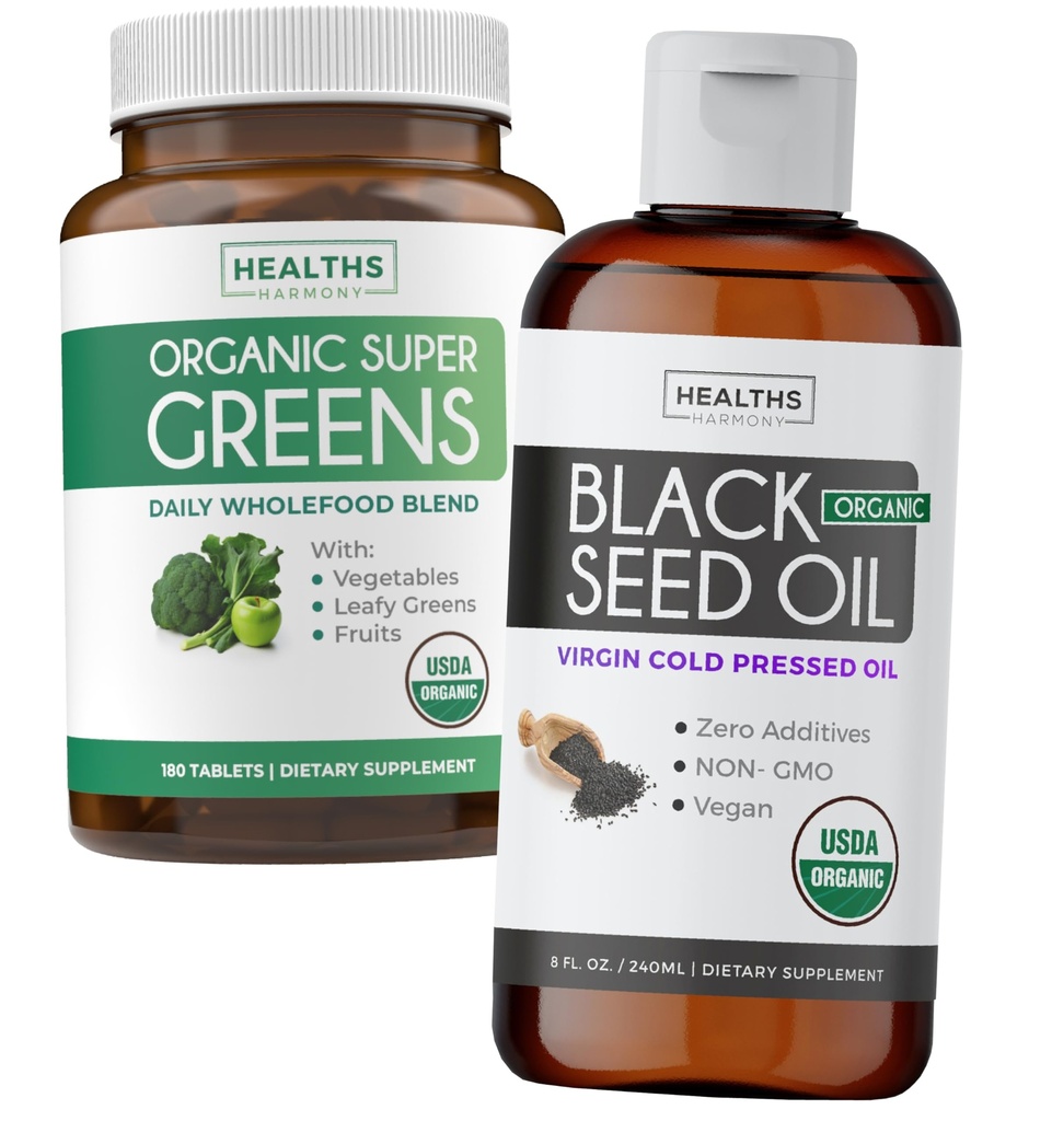 Superzeleni in črno seme olje (3-mesečna zaloga) Zeliščno olje mešanica organskih Super Greends Powder - Popolna Superfood (180 Kapsule) & Organsko črno seme olje Tekoča - hladno stisnjena (8 fl oz)
