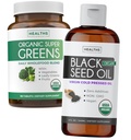 Superzeleni in črno seme olje (3-mesečna zaloga) Zeliščno olje mešanica organskih Super Greends Powder - Popolna Superfood (180 Kapsule) & Organsko črno seme olje Tekoča - hladno stisnjena (8 fl oz)