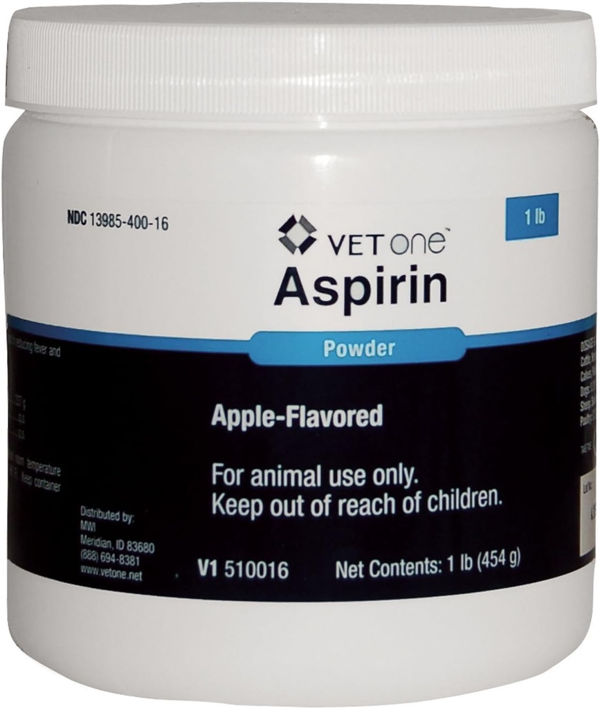 Jabolčni vet 1 Aspirin z dodatno jakostjo v prahu za konje Govedni psi in živali - Palable - Pomoč pri zmanjševanju zvišane telesne temperature in blage analgezije - 1 lb