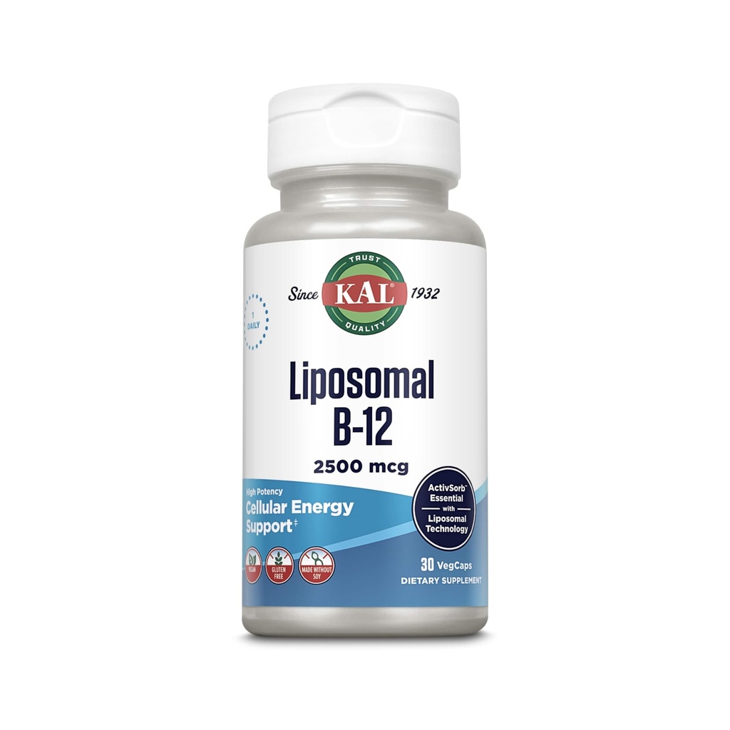 KAL Liposomski vitamin B12 2500 mcg, visoka absorpcija, liposomska tehnologija, podpora za celično energijo, veganske kapsule, brez glutena, narejena brez soje, 30 sluge