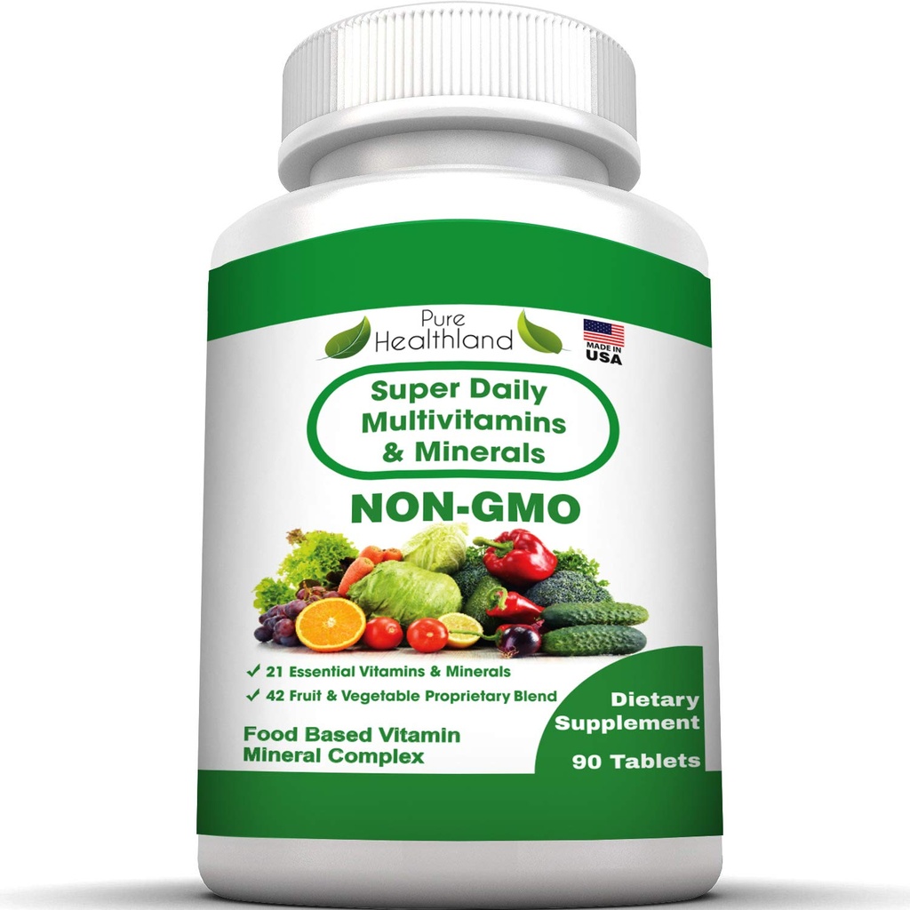 Pure Heathland Non-GMO Super Daily Multivitamin za odrasle – 42 Naravni sadeži in zelenjava Mešanica z 21 Essential Vitamins & Minerals – Veganske prekrivne tablete, 90 Count, Made in ZDA