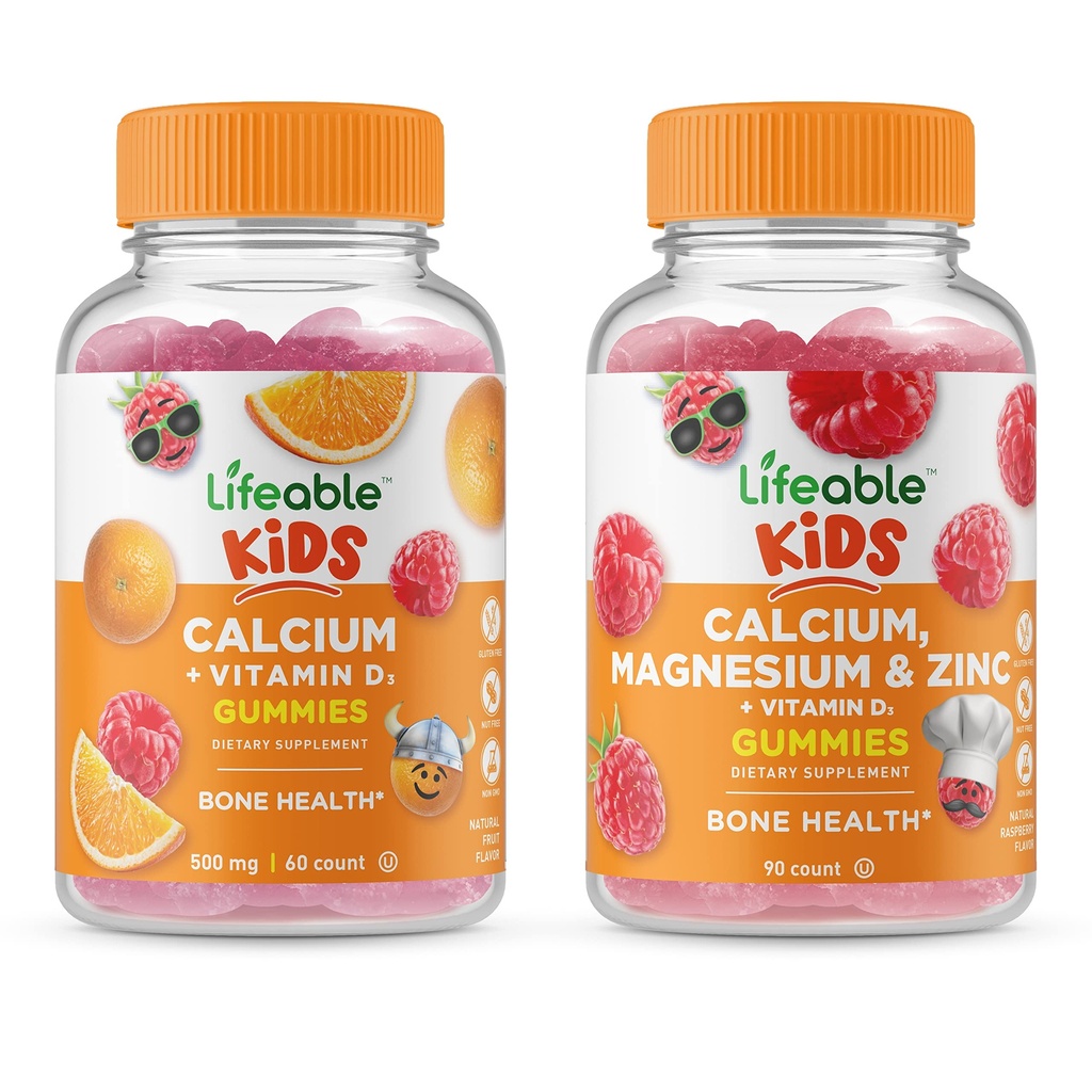 Življenjski kalcij z vitaminom D Otroci + Kalcij Magnezij & cink Otroci, Gummies Bundle - odličen okus, Vitamin dopolnilo, Gluten brezplačno, GSO brezplačno, Žvečljivi Gummy