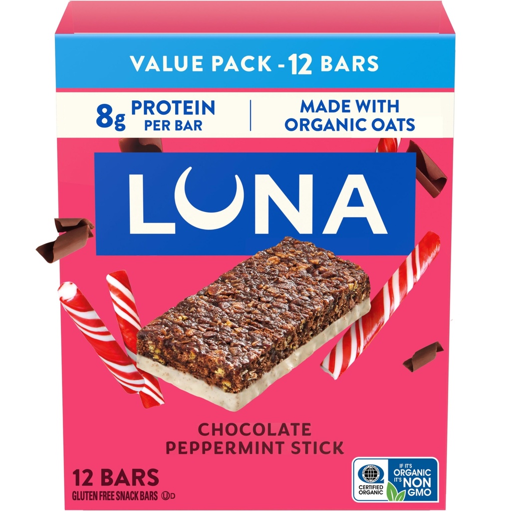 LUNA Bar - Čokolada Peppermint Stick Flavor - Prigrizki - Ne-GMO - Gluten-free Protein Bars - Izdelano z organskimi oves (12 Pack)