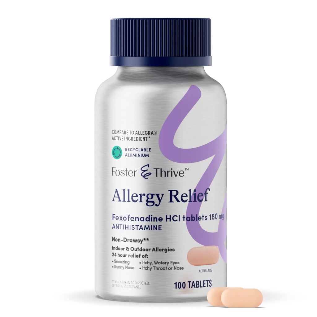 Foster & Trive Fexofenadine HCl Non Drowsy Alergy Relief for Hay Fever, Pollen, Srbeče oči, in Sezonske alergije, učinkovita podpora za otroke in odrasle, 180 mg, 100 tablet