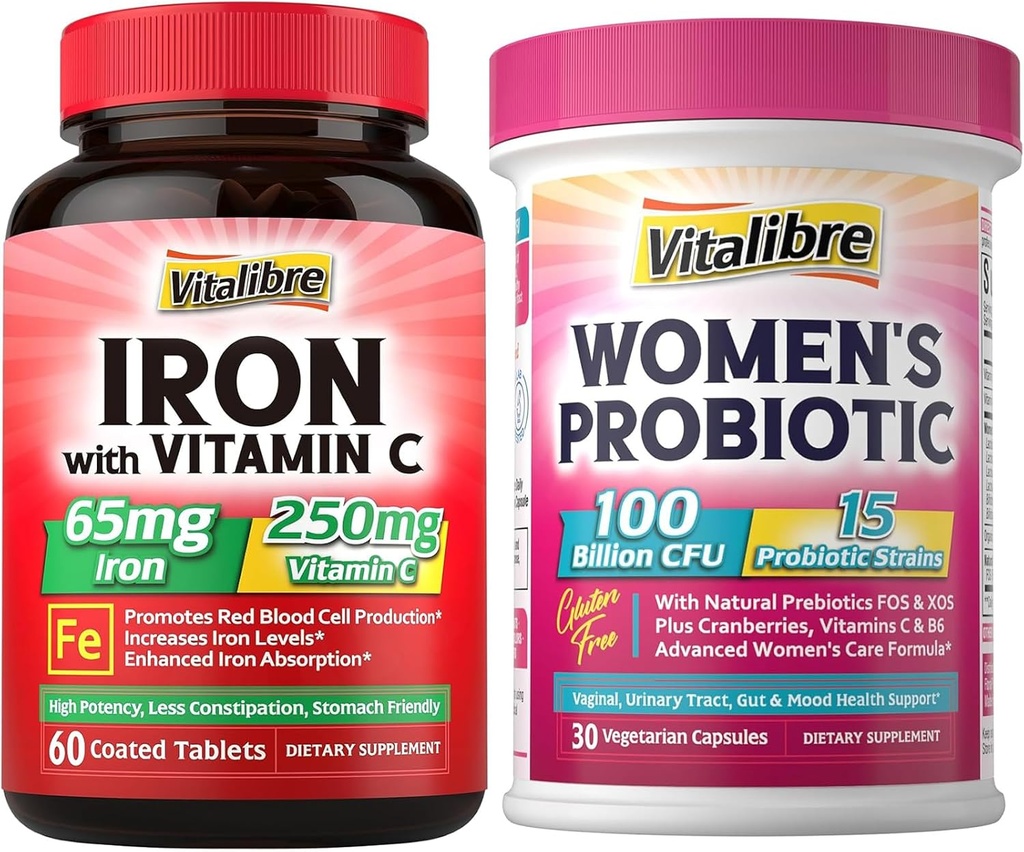 Železo dopolnilo, 65mg karbonil železo z 250mg vitamina C + vitalibre ženski probiotiki 100 milijard CFU, 15 sevi, w/prebiotik, brusnice, vitamin B6 & VC