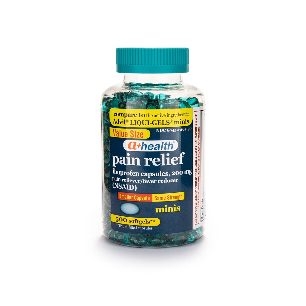 A+Health Mini Ibuprofen 200 Mg softgels, Pain Reliever/Fever Reducer (NSAID), 500 število