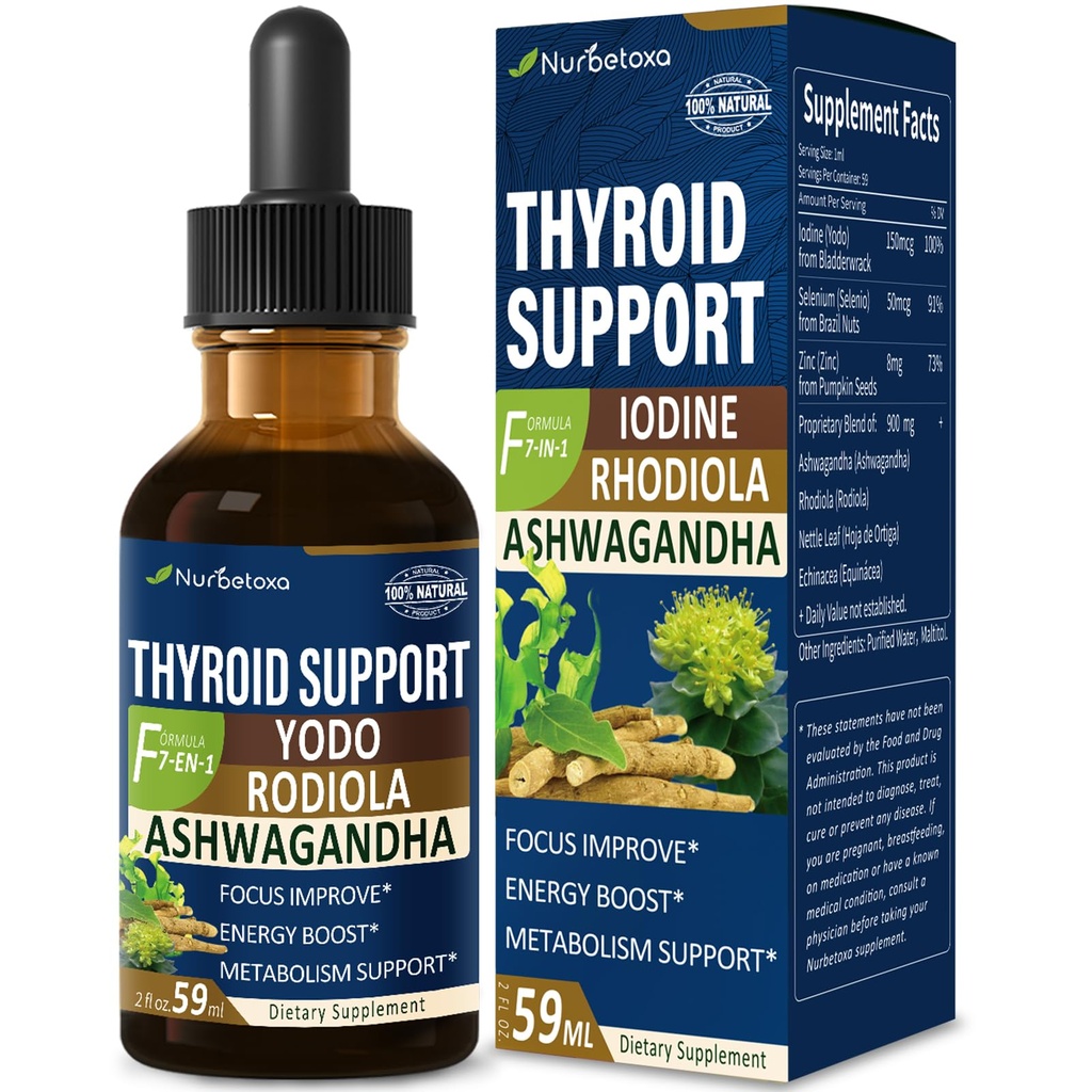 Kapljice za podporo ščitnici - Tekoči jodine dodatek, Gotas de YODO y Selenio para Tiroides, Con Rotiola Semenovii y Ortiga, Boj Brain Fog w/Ashwagandha & Rhodiola Extract Tincture.2 oz