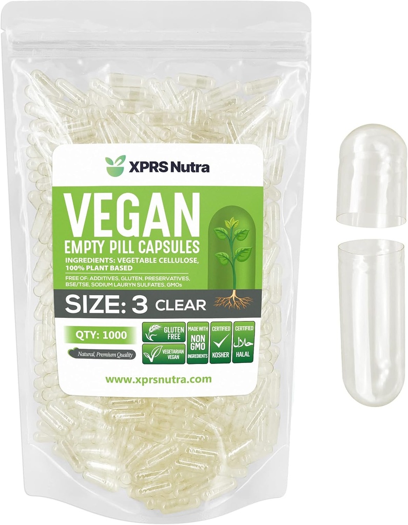 XPRS Nutra velikost 3 prazne kapsule - 1000 Štetje Prozorne prazne veganske kapsule - Vegetarijanske tablete - DIY Zelenjavna kapsula Polnjenje - Veggie Pills
