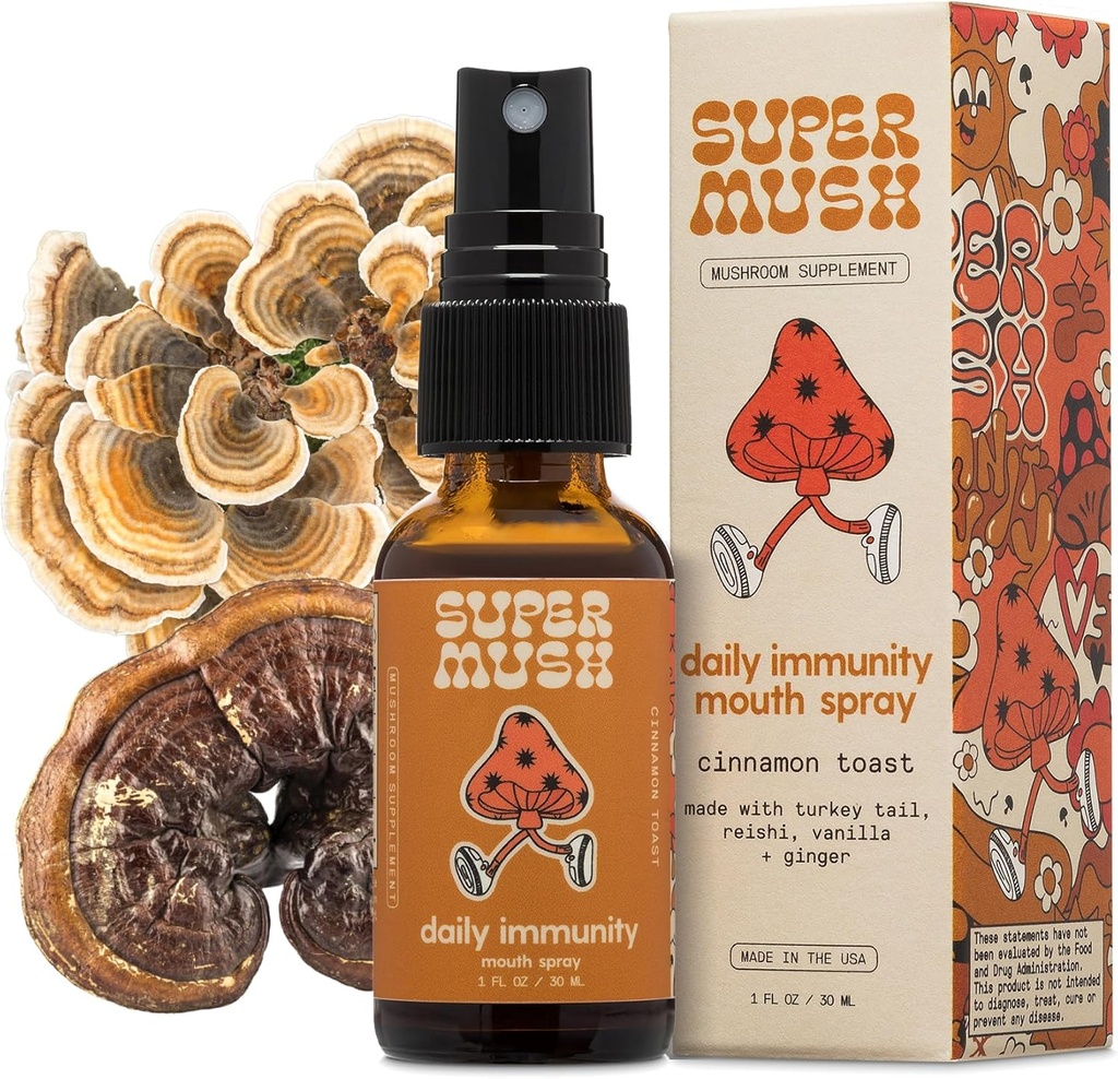 SuperMush Daily Immunity Mouth Spray Organic - goba Immunity Spray dodatki - Turčija Tail & Reishi Mešane gobe Extract - Imune & Digestive Health Support - 30ml Pure & Organic Turkey rep