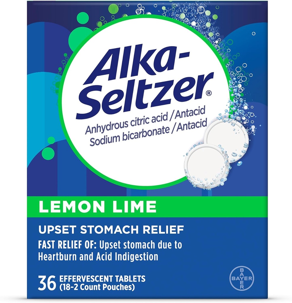 Alka-Seltzer Lemon Lime Heartburn Relief tablete, hitro kisle prebavne motnje Relief, Antacid z limonsko limonino aromo 36 Ct