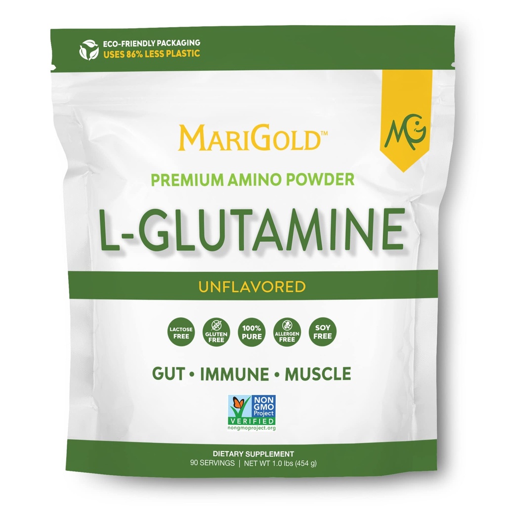 MariGold Pure Unflavored L-glutamin prašek - zdravo črevo, imunski, in podpora mišic, Non-GMO, Gluten Free, Soy & Alergen Free (5g / 5000mg na obrok)