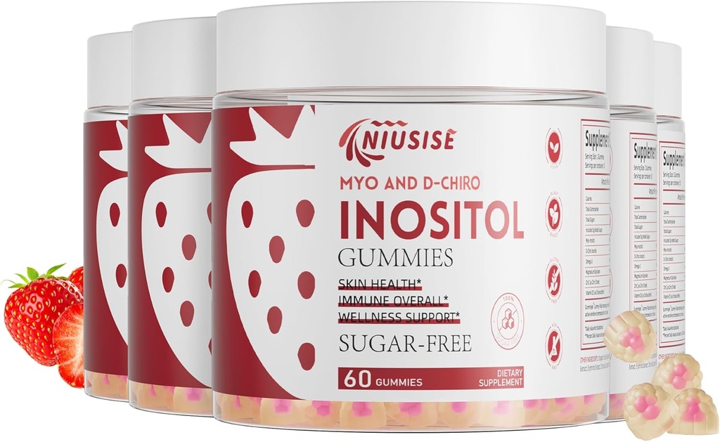Inozitol Gumies, Inozitol dodatek z Myo-Inositol & D-Chiro Inositol + vitamin D3, Idealno 40:1 Razmerje, z Magnezij Glycinat 400mg, Podpira Redni cikel za ženske, Vegan, 5 Pack