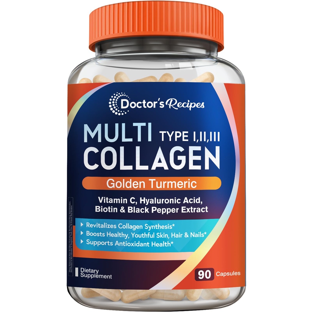 Zdravnikovi recepti Multi colagen Peptides z zlatimi kurkuma, Vitamin C, Biotin, Hyaluronska kislina & Črna paprika, Kolagen dopolnila za kožo, lase, Nail, Kolagen za ženske in moške, 90 Caps