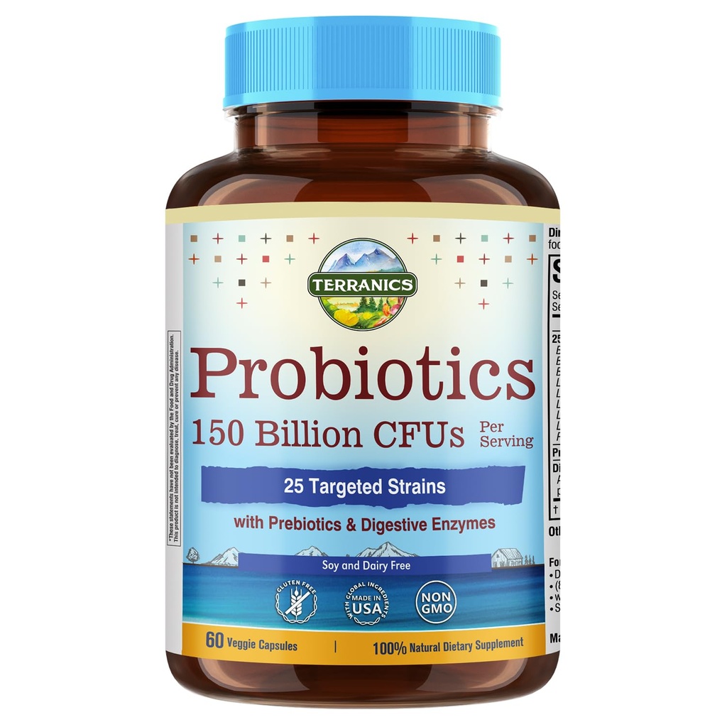 Terranics Daily Probiotics za moške in ženske, 150 milijarda 25 sevi Colon Care Probiotics, s prebiotiki in encimi, Zdrava regularnost, Zapoznela sprostitev, Rokavice Stable, 60 Veggie Caps