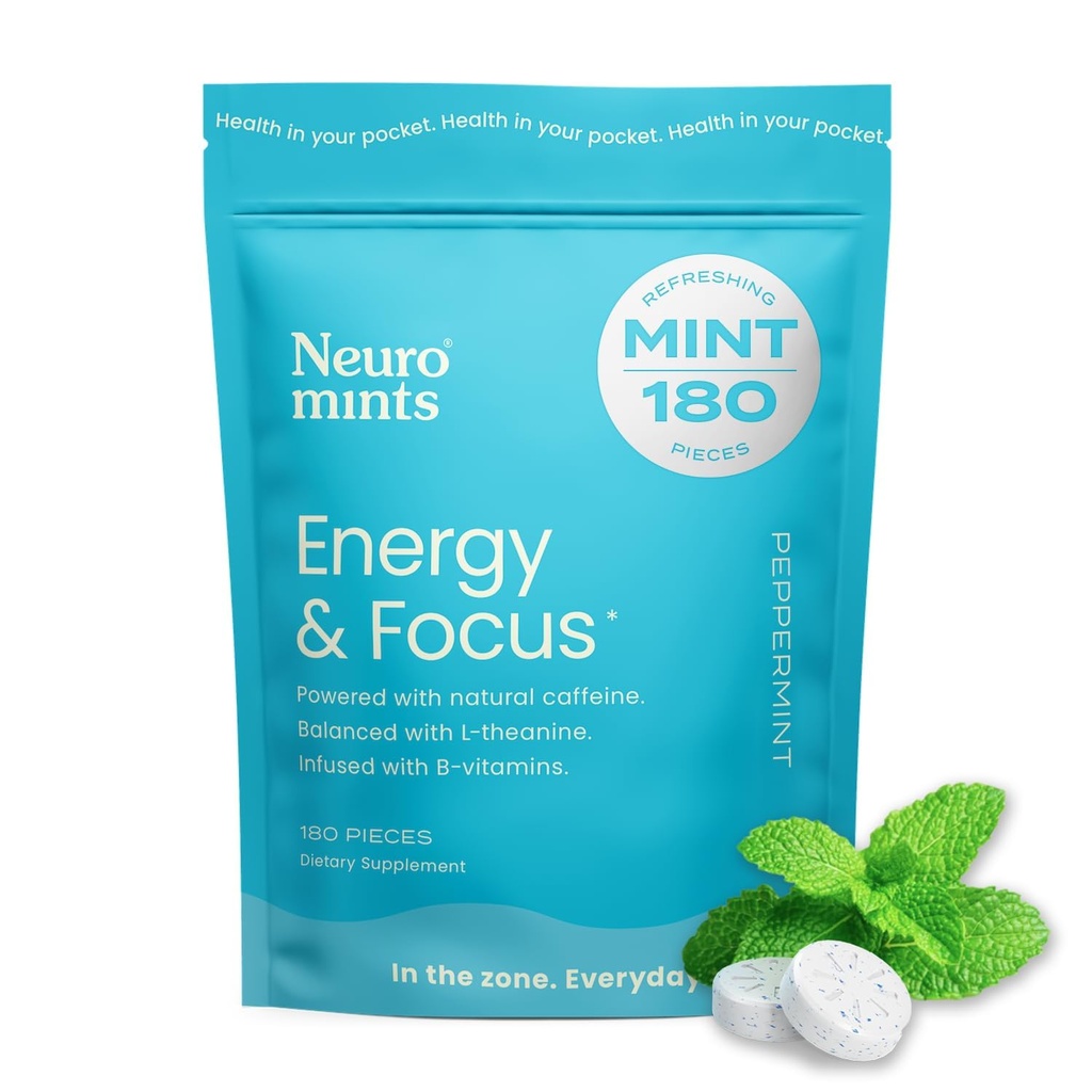 NeuroGum energija Kofeinske mete (180 kosov) - sladkor brez L-teanina + naravni kofein + vitamin B12 & B6 - nootropna energija & fokus dodatek za ženske in moške - Keto & Vegan, Peppermint Flavor